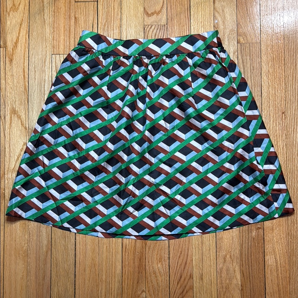 J. Crew Skirt Women's Silk Geometric A-Line Green Brown Skirt Size 2